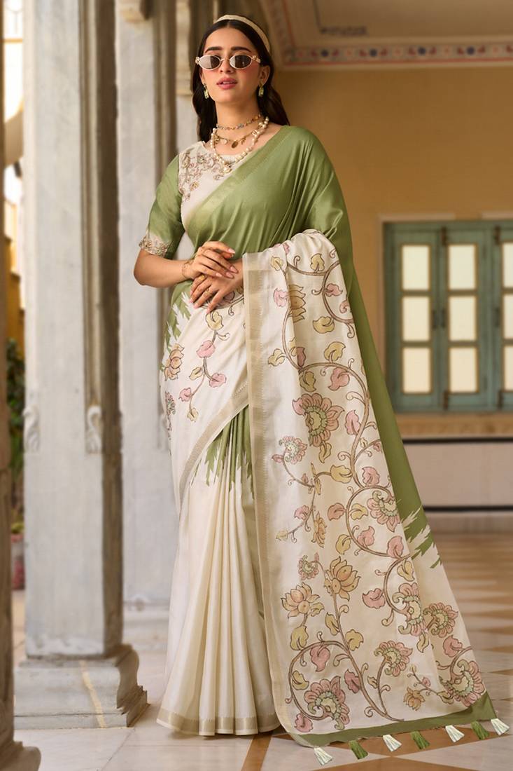Pista green & cream pure tussar silk printed saree with blouse
