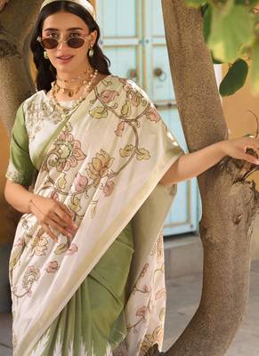 pista green & cream pure tussar silk blend printed saree with blouse 2