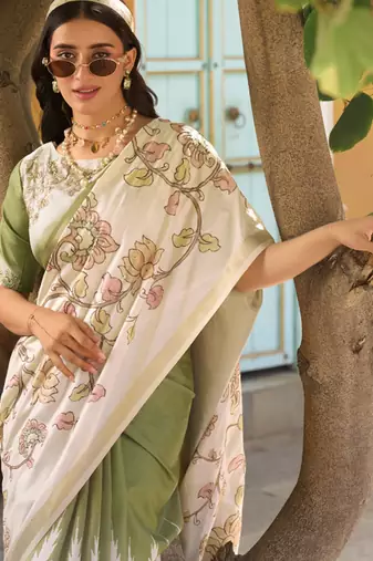 pista green & cream pure tussar silk blend printed saree with blouse