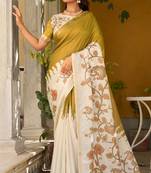 Mustard & off white pure tussar silk printed saree with blouse