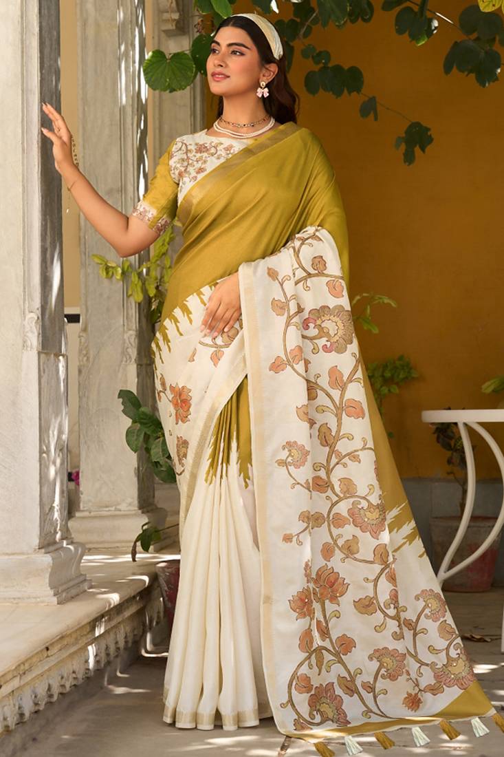 Mustard & off white pure tussar silk printed saree with blouse