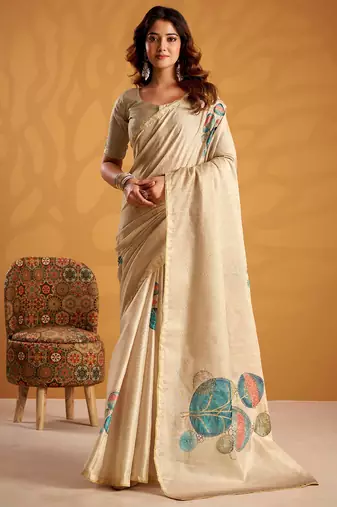Cream pure tussar silk printed with kasheeda work saree with blouse