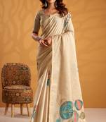 Cream pure tussar silk printed with kasheeda work saree with blouse