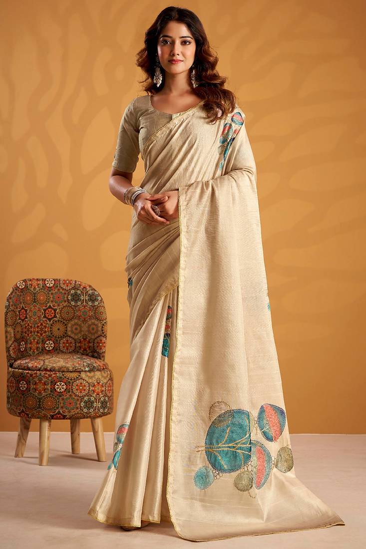Cream pure tussar silk printed with kasheeda work saree with blouse