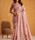 Pink pure tussar silk printed with kasheeda work saree with blouse