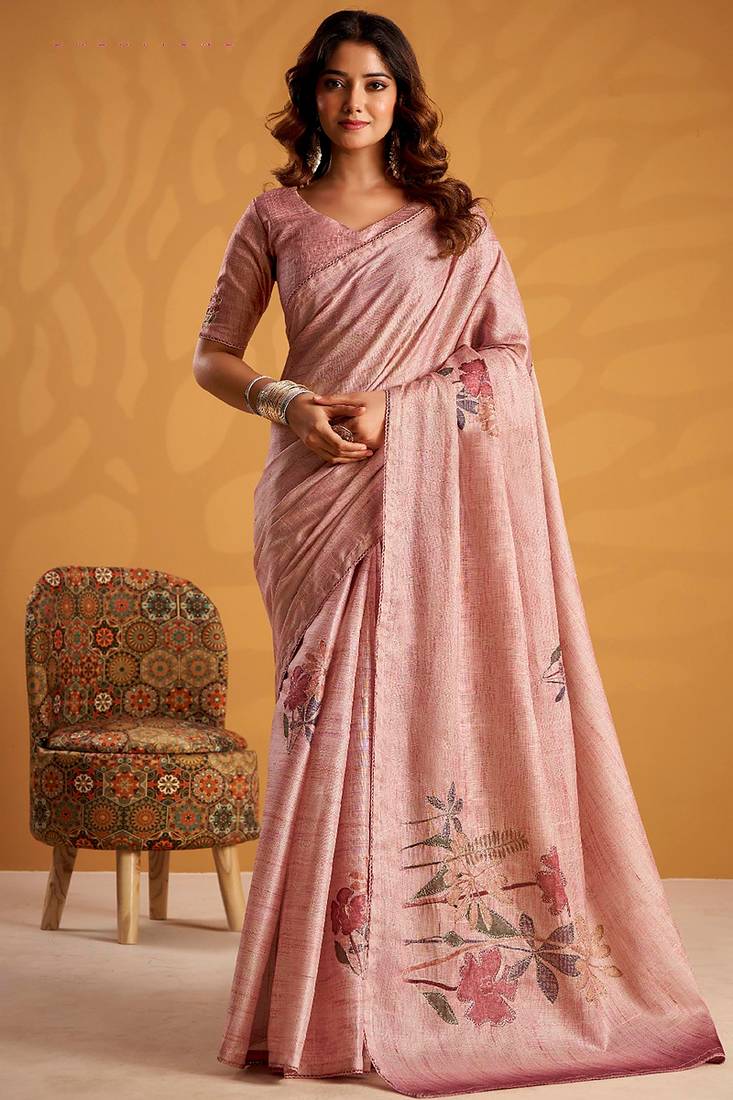 Pink pure tussar silk printed with kasheeda work saree with blouse