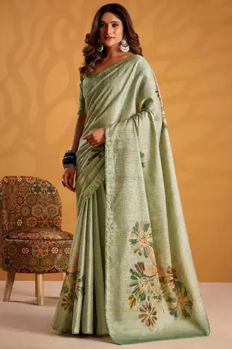 Pista green pure tussar silk printed with kasheeda work saree with blouse