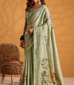 Pista green pure tussar silk printed with kasheeda work saree with blouse