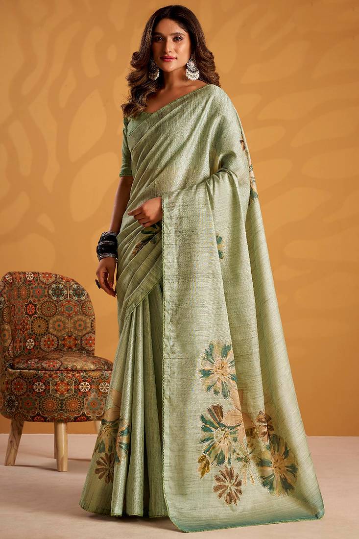 Pista green pure tussar silk printed with kasheeda work saree with blouse
