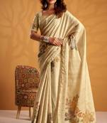 Cream pure tussar silk printed with kasheeda work saree with blouse