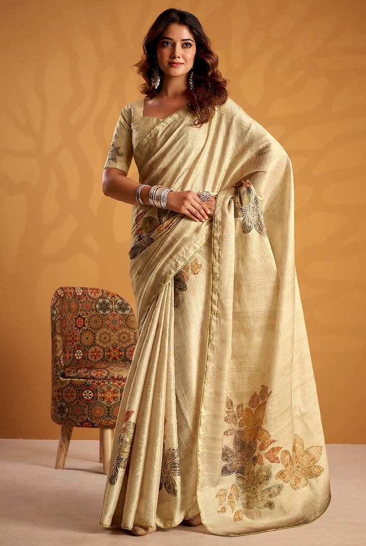 Cream pure tussar silk printed with kasheeda work saree with blouse