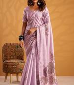 Lavender pure tussar silk printed with kasheeda work saree with blouse
