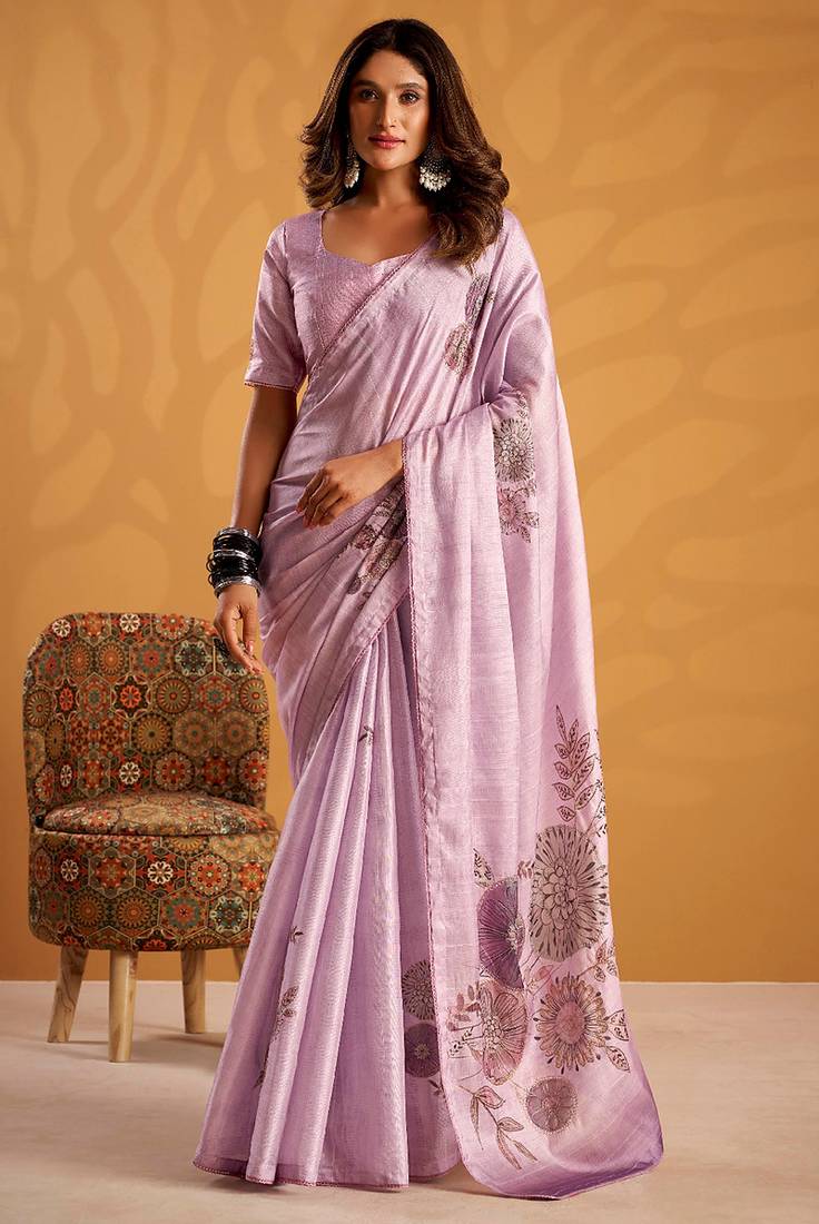 Lavender pure tussar silk printed with kasheeda work saree with blouse