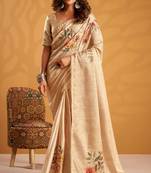 Cream pure tussar silk printed with kasheeda work saree with blouse
