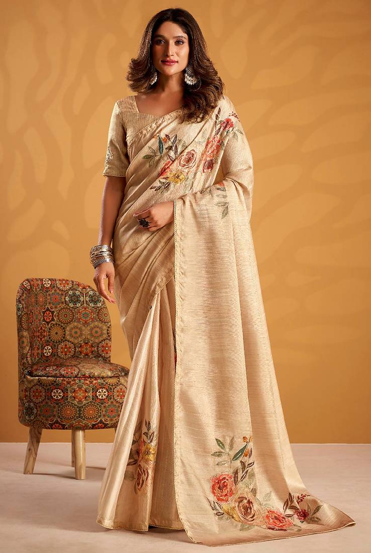 Cream pure tussar silk printed with kasheeda work saree with blouse