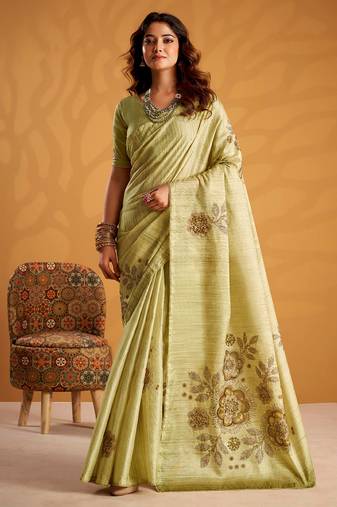 Pista green pure tussar silk printed with kasheeda work saree with blouse