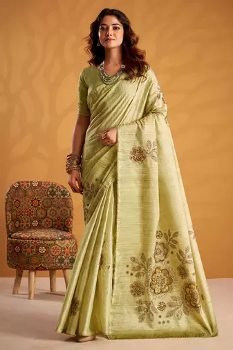 Pista green pure tussar silk printed with kasheeda work saree with blouse