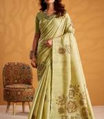 pista green pure tussar silk blend printed with kasheeda work saree with blouse