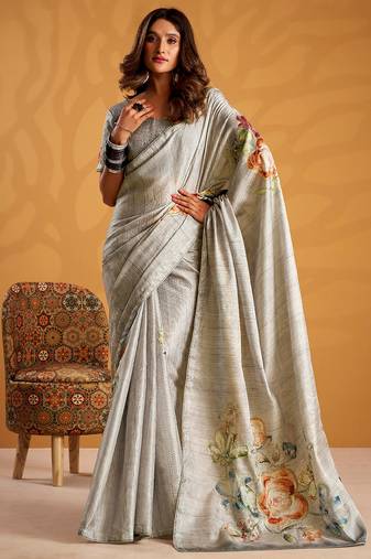 Grey pure tussar silk printed with kasheeda work saree with blouse
