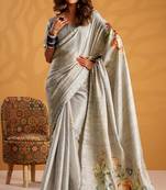 Grey pure tussar silk printed with kasheeda work saree with blouse