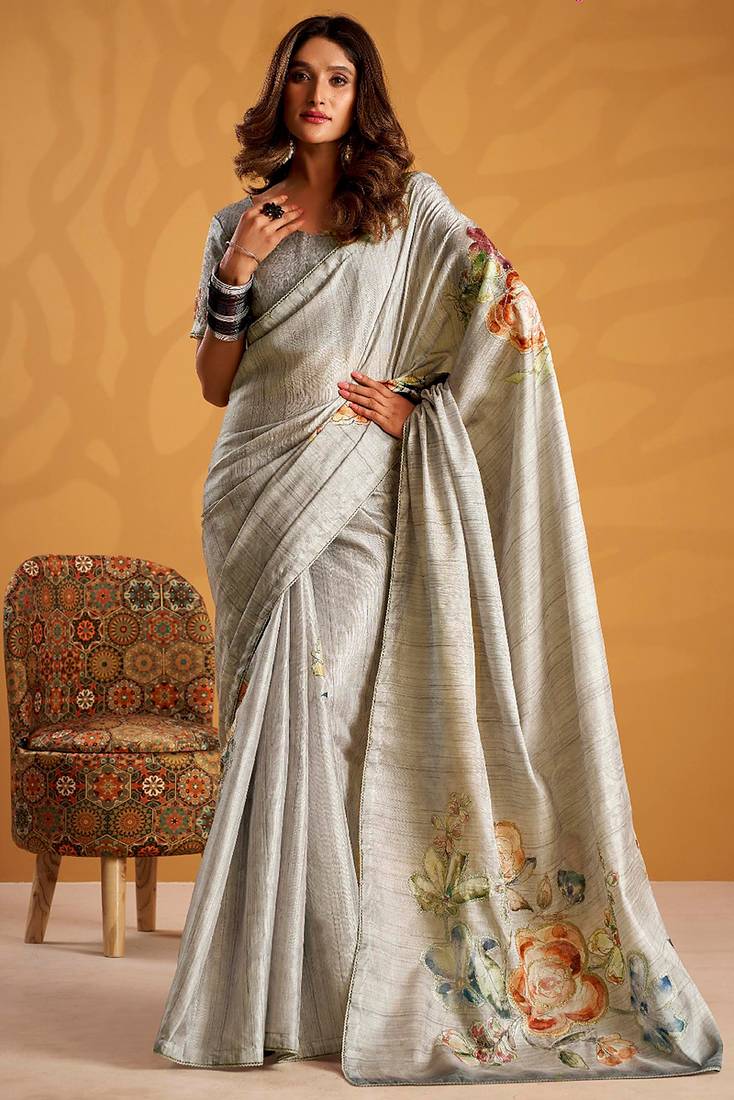 Grey pure tussar silk printed with kasheeda work saree with blouse