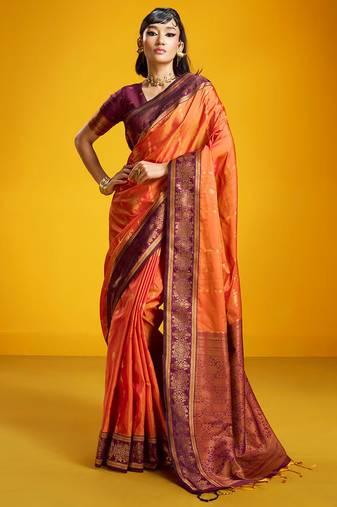 Orange pure silk handloom zari weaving saree with blouse