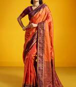 Orange pure silk handloom zari weaving saree with blouse