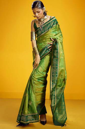 Green pure silk handloom zari weaving saree with blouse