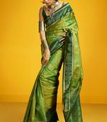 green pure silk blend handloom zari weaving saree with blouse