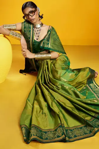 green pure silk blend handloom zari weaving saree with blouse