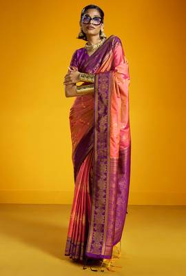 pink pure silk blend handloom zari weaving saree with blouse 1