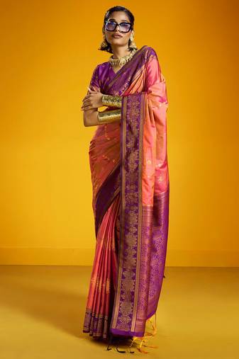 Pink pure silk handloom zari weaving saree with blouse