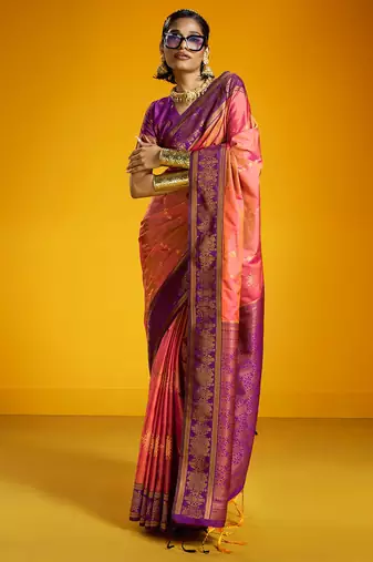 Pink pure silk handloom zari weaving saree with blouse