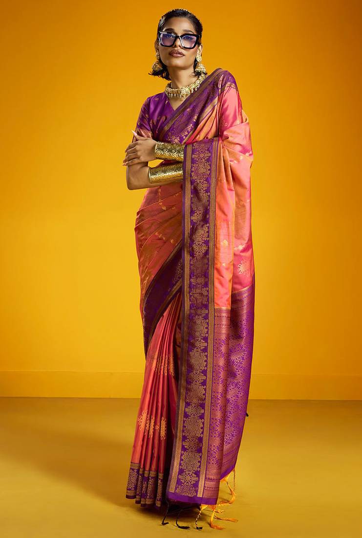 Pink pure silk handloom zari weaving saree with blouse