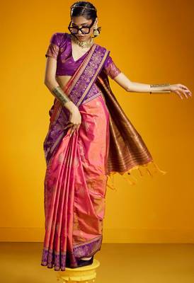 pink pure silk blend handloom zari weaving saree with blouse 2