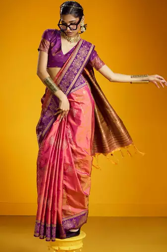 pink pure silk blend handloom zari weaving saree with blouse