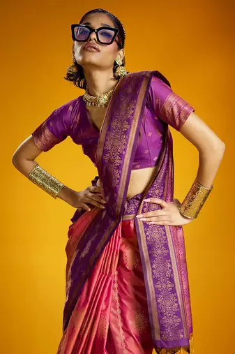pink pure silk blend handloom zari weaving saree with blouse