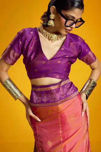 pink pure silk blend handloom zari weaving saree with blouse