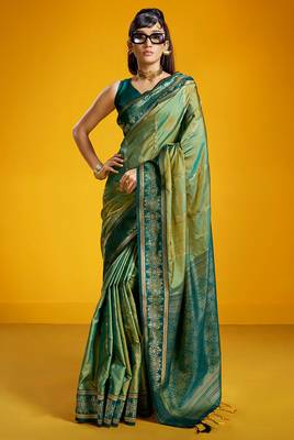 sea green pure silk blend handloom zari weaving saree with blouse 1