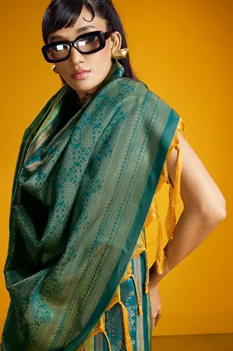 sea green pure silk blend handloom zari weaving saree with blouse