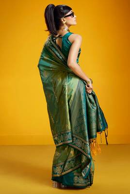 sea green pure silk blend handloom zari weaving saree with blouse 3