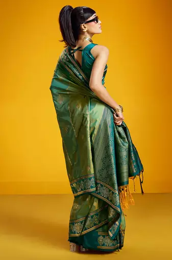 sea green pure silk blend handloom zari weaving saree with blouse