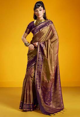 golden pure silk blend handloom zari weaving saree with blouse 1
