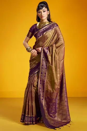 Golden pure silk handloom zari weaving saree with blouse