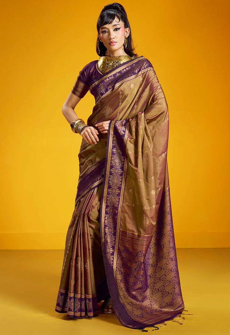 Golden pure silk handloom zari weaving saree with blouse