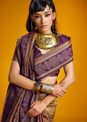golden pure silk blend handloom zari weaving saree with blouse 2