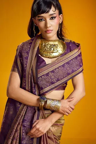 golden pure silk blend handloom zari weaving saree with blouse