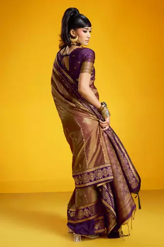 golden pure silk blend handloom zari weaving saree with blouse