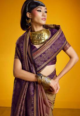 golden pure silk blend handloom zari weaving saree with blouse 4