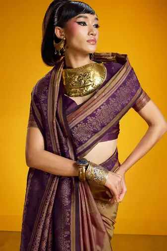 golden pure silk blend handloom zari weaving saree with blouse